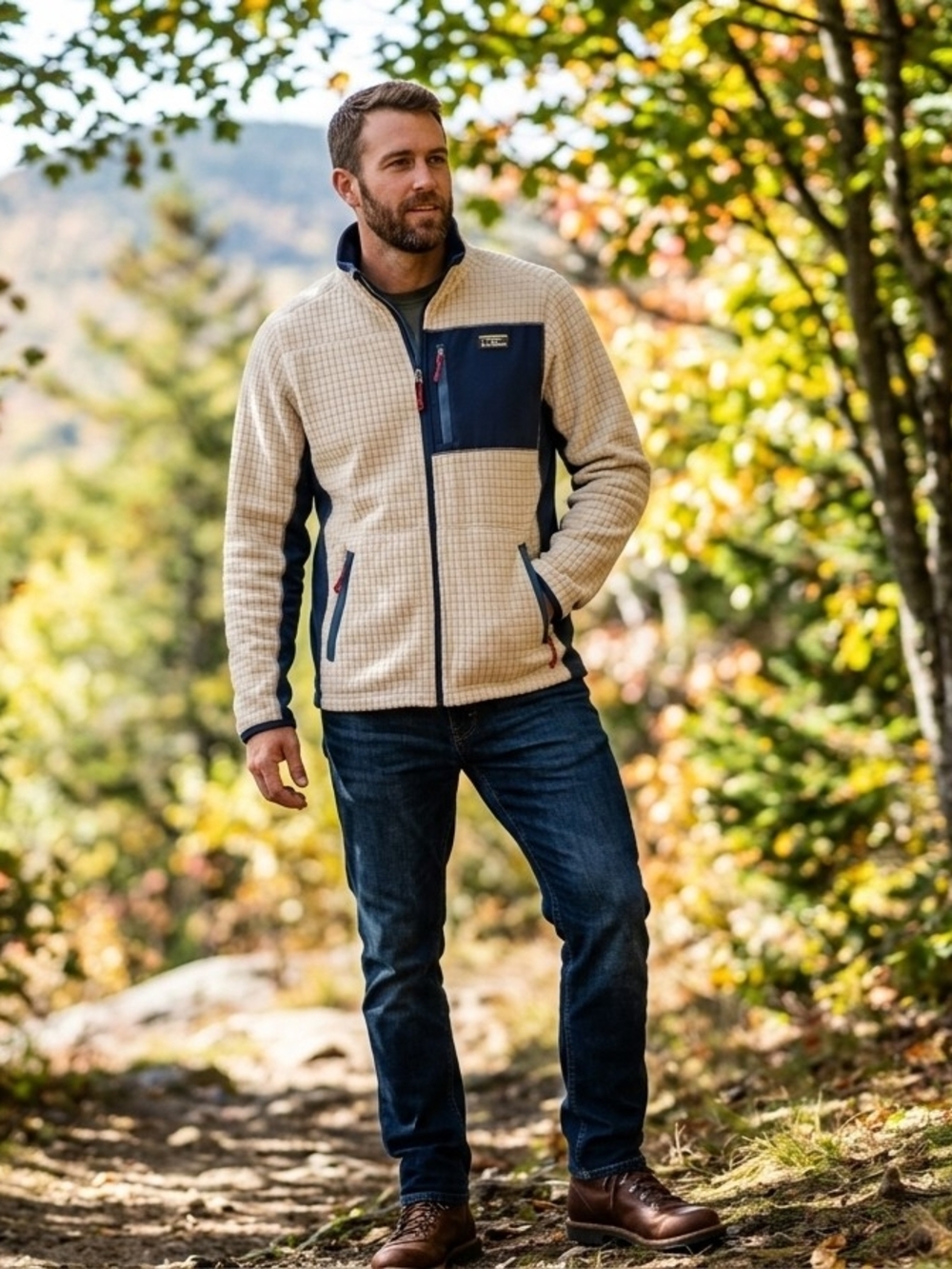 L.L. Bean Cream and Navy Contrast Grid Fleece Jacket